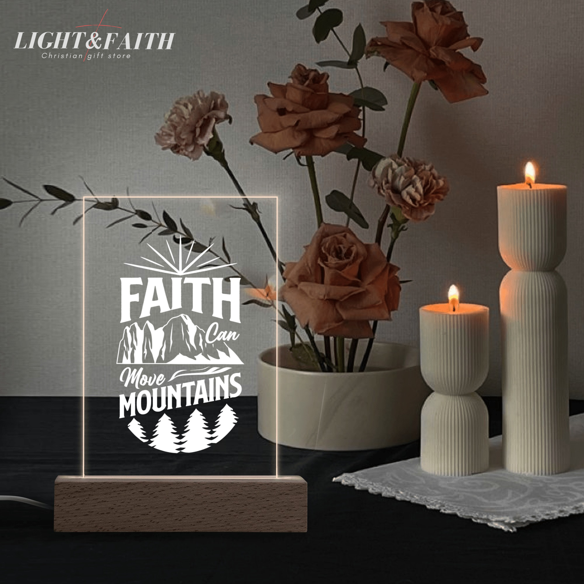 Faith Can Move Moutains LED Light, Christian Bible Verse Lamp, Inspirational Acrylic Night Light, Religious Home Decor, Faith Gift for Believers. NLLAF34